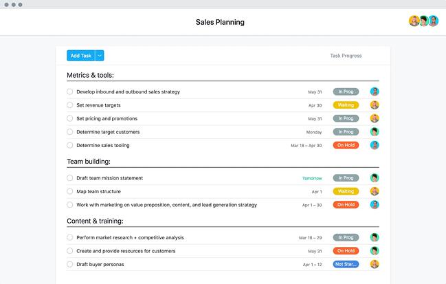 Asana销售计划模板，显示不同阶段的任务列表