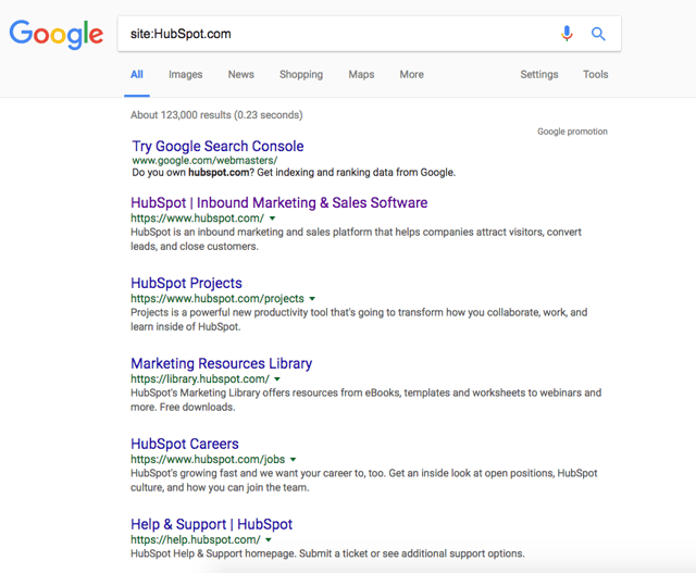 Google网站搜索HubSpot.com使用格式网站：Hubspot.com