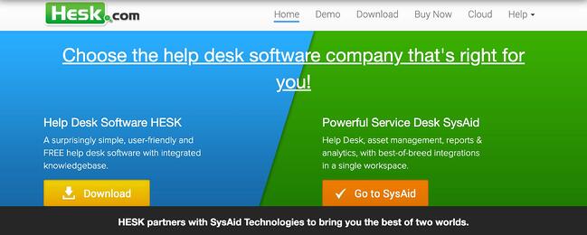 Hesk help desk software with two options to download or go to SysAid