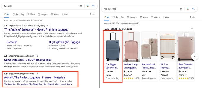 搜索广告的Rlsa再营销列表示例:away luggage