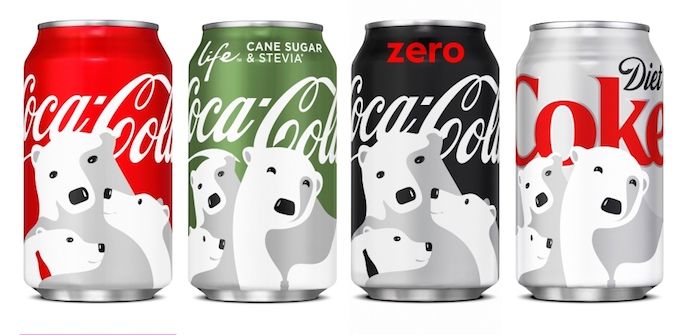 可口可乐的标志设计与四个不同颜色的罐头的通用位置。