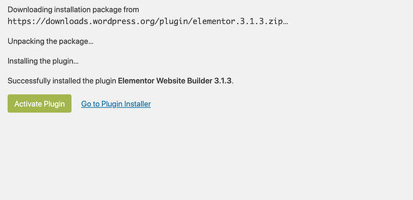 Installation confirmation for the Elementor page builder plugin, with a button that says 