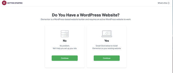Elementor安装向导询问“您有WordPress网站吗？”