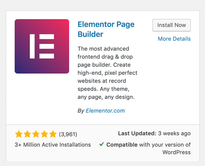 Elementor plugin card inside WordPress's plugin library with a button saying 