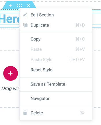 Elementor section editor menu with several options, including 