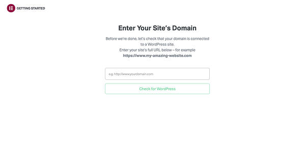 Elementor installation wizard prompting users to enter their website domain to check whether it's hosted on WordPress