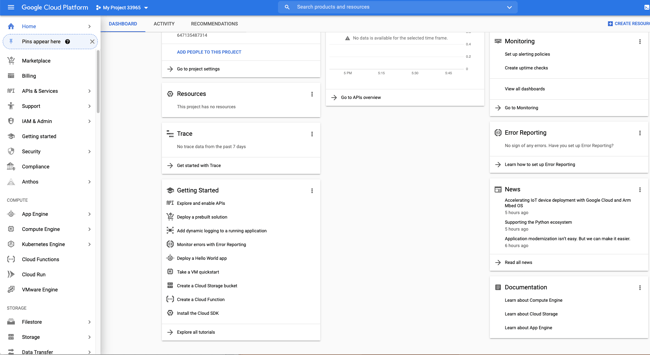 New project dashboard in Google Developers Console