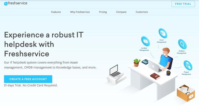 freshservice robust IT help desk software featuring an animated support specialist at a desk