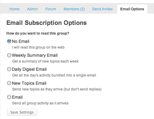 注册用户的演示电子邮件订阅选项页面