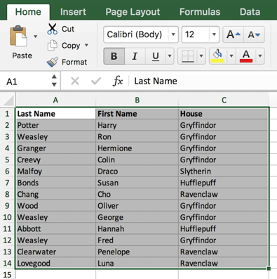 Excel中的Harry Potter名称和房屋的突出显示的电子表格