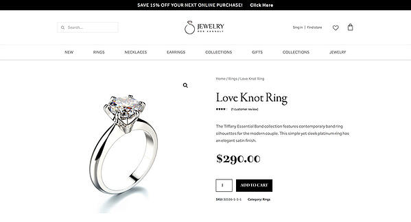 Product page example built with Elementor and containing the image of a ring and the heading 
