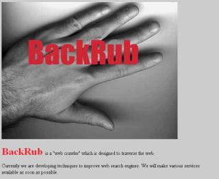 谷歌的第一个标志与它的老名字，BackRub，和一只手在背景