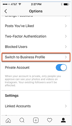 在Instagram移动应用程序上切换到业务配置文件选项