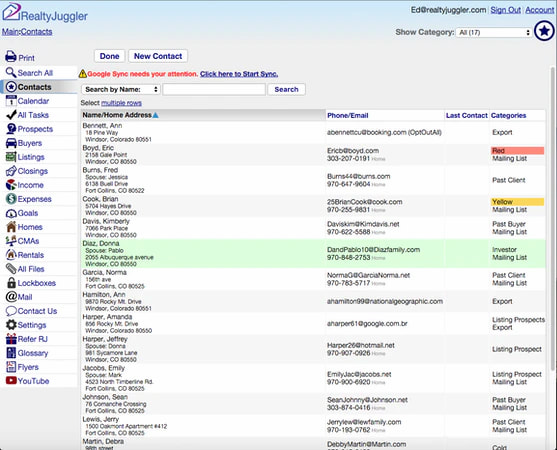 Realtyjugglerreal estate CRM showing a list of contacts