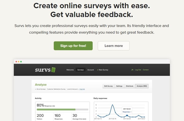 survs homepage that reads 