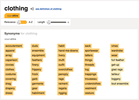 使用Thesaurus.com进行头脑风暴练习，搜索衣服的同义词。