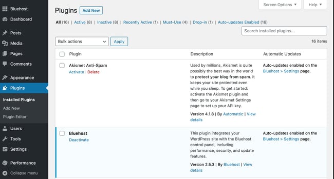 the plugins page on a wordpress website