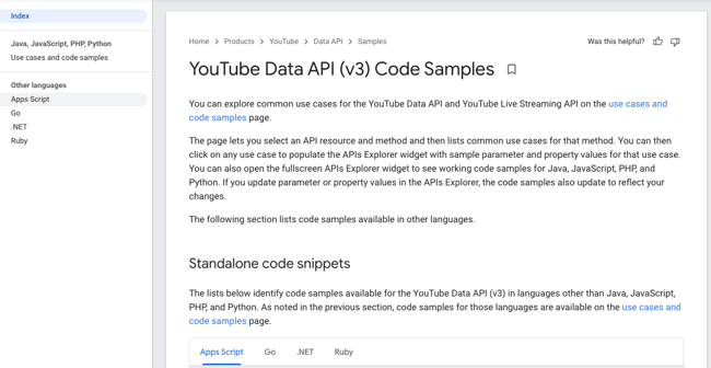 YouTube API示例：代码样本