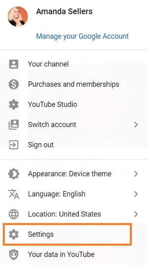YouTube频道设置菜单